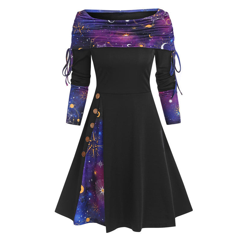 Autumn And Winter New Fashion Women's Waist Large Swing One Shoulder Long-sleeved Dress Female