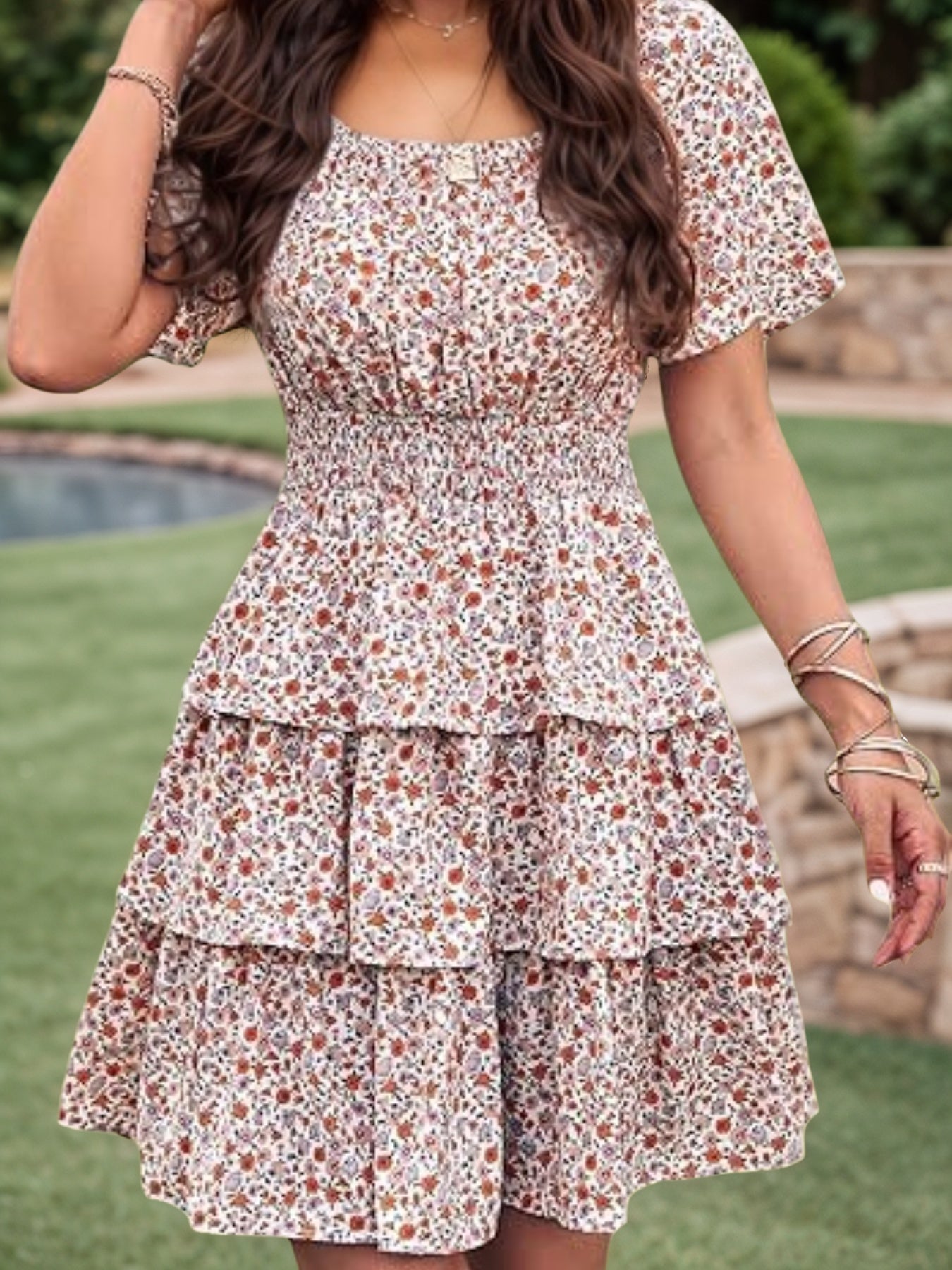 2025 Women's New Floral Summer Short Dress Square Neck Short Sleeve Layered Folded Bohemian Pendant Skirt