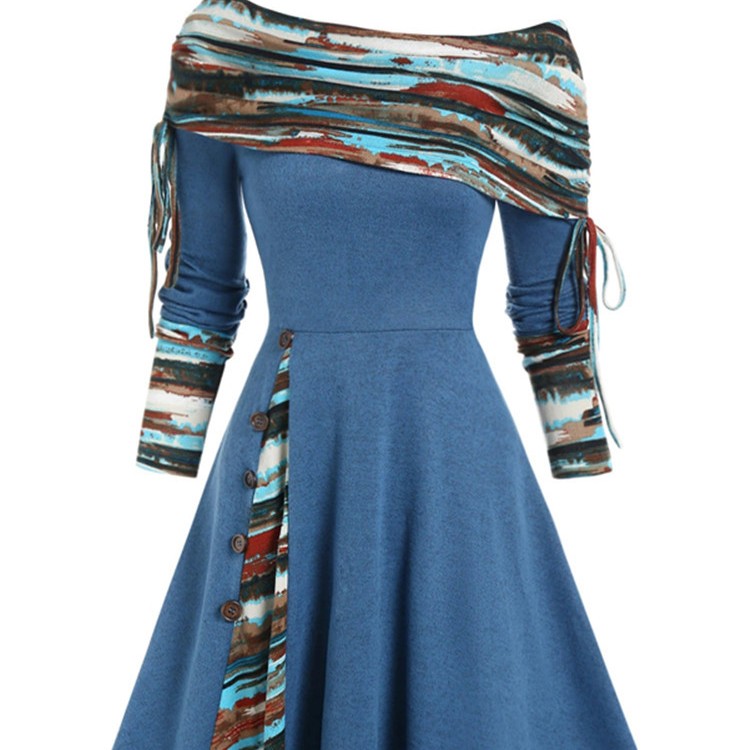 Autumn And Winter New Fashion Women's Waist Large Swing One Shoulder Long-sleeved Dress Female