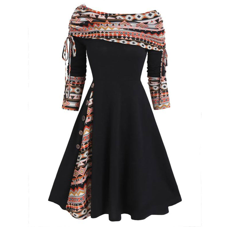Autumn And Winter New Fashion Women's Waist Large Swing One Shoulder Long-sleeved Dress Female