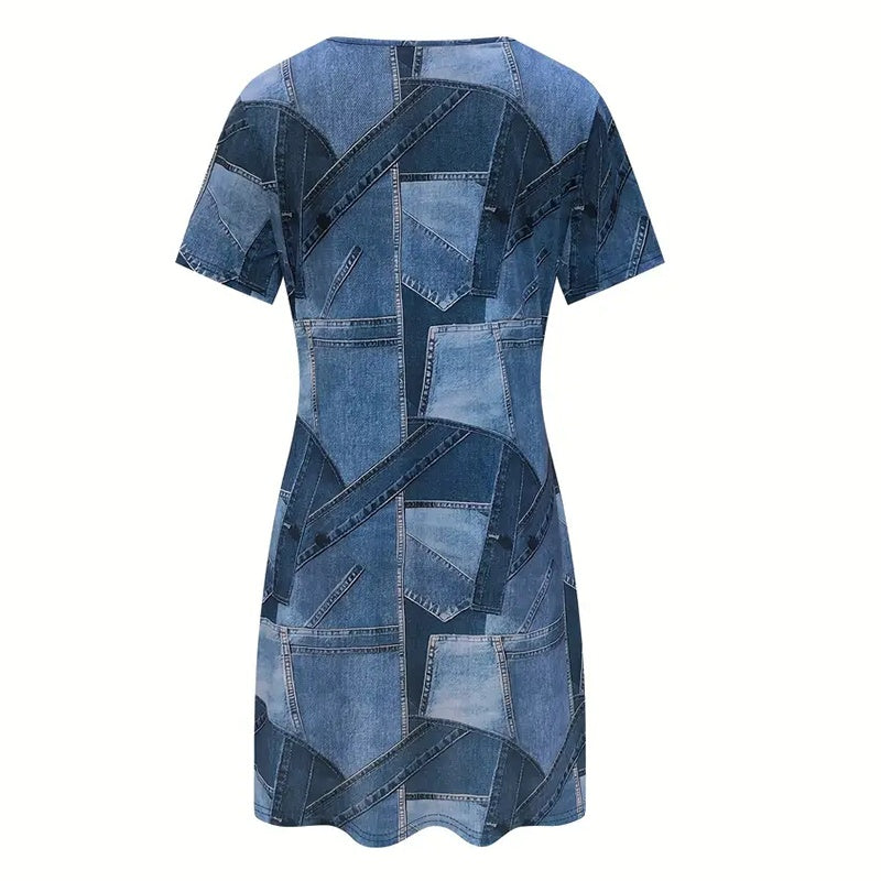 Women's Plus Size Denim Short Sleeve Dress - Digital Print Casual Spring & Summer Dress
