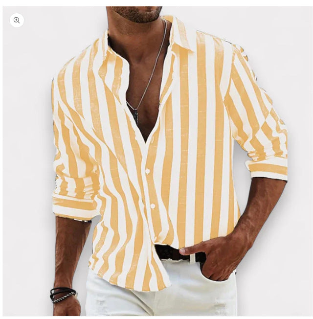 Men's Yarn-dyed Striped Casual Loose Long-sleeved Shirt