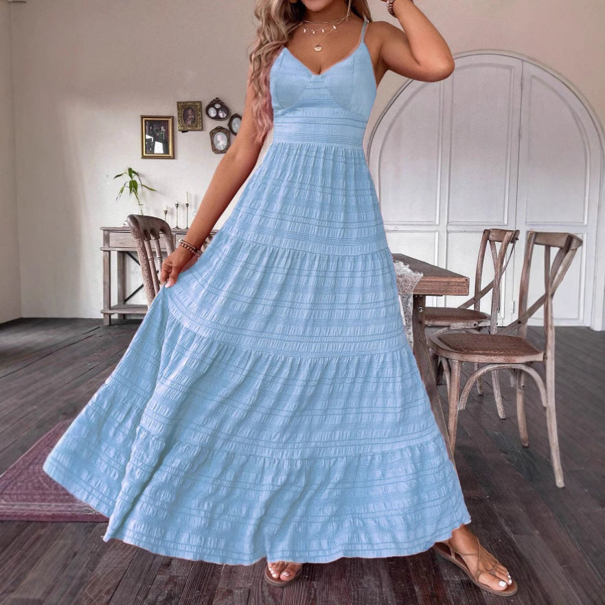 V-neck Strap Back Strap Solid Color Dress