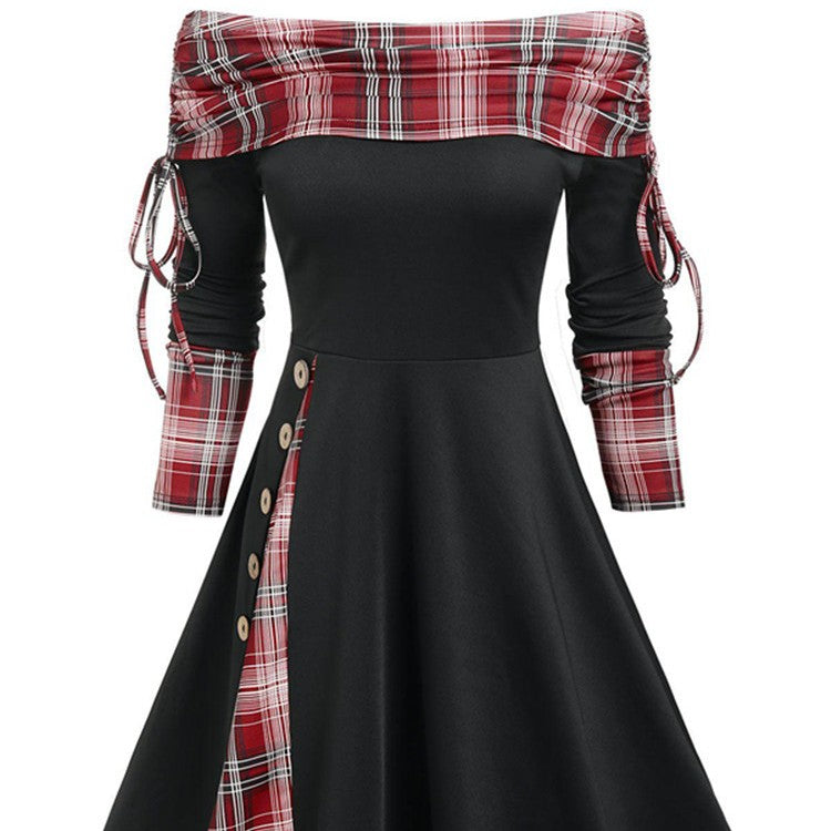 Autumn And Winter New Fashion Women's Waist Large Swing One Shoulder Long-sleeved Dress Female