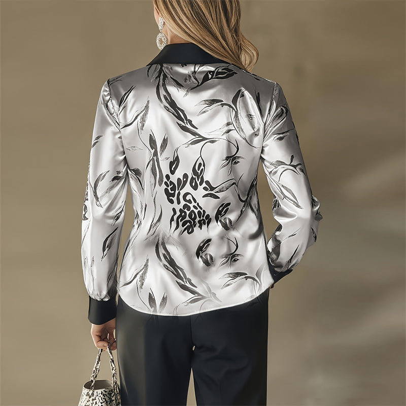 Elegant Women's Printed Satin Shirt - Lapel Collar Long Sleeve Button Down Blouse With Flowy Design