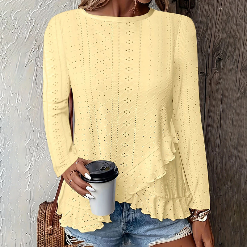 Women Eyelet Long Sleeve Tops Shirts Dressy Casual Crew Neck Ruffle Hem Blouses