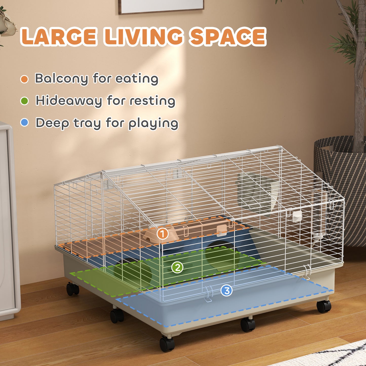 Rolling Small Animal Cage With Water Bottle, Hay Feeder, Food Dish For Rabbits, Hedgehogs, Guinea Pigs, 35 X 35x 25