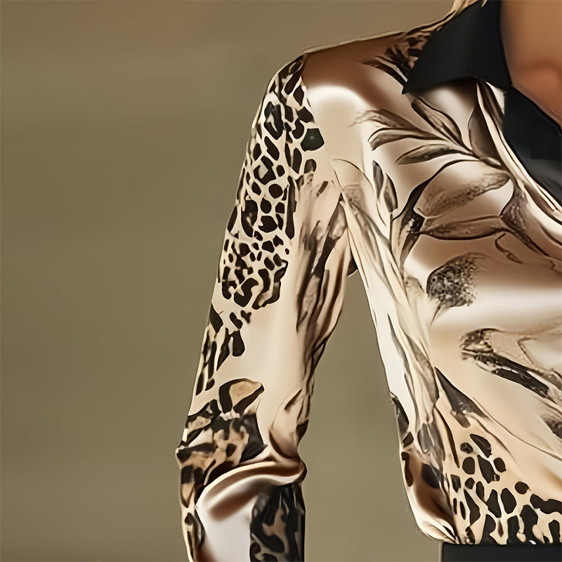Elegant Women's Printed Satin Shirt - Lapel Collar Long Sleeve Button Down Blouse With Flowy Design