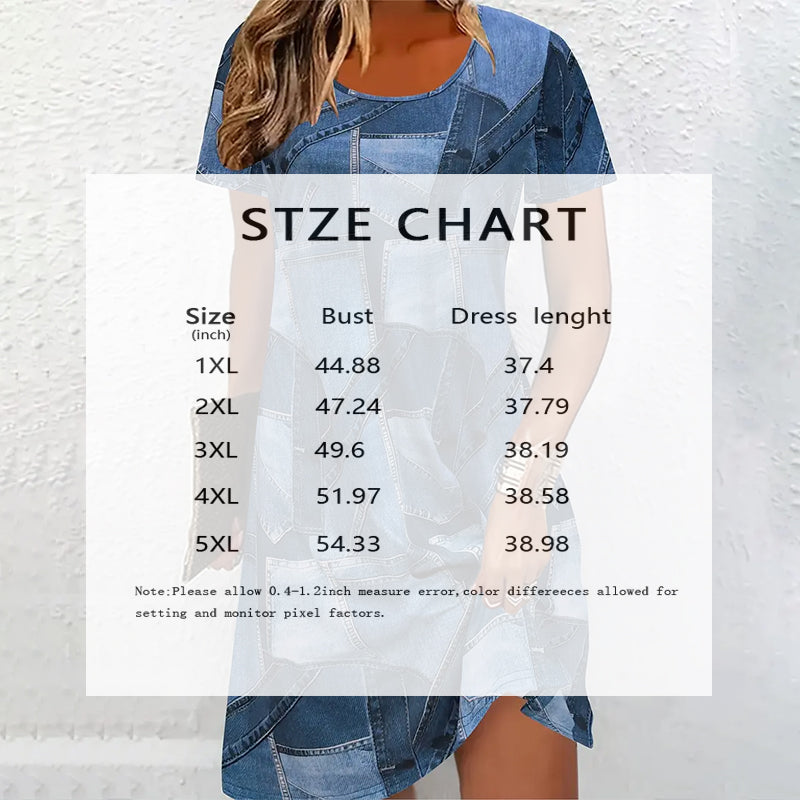 Women's Plus Size Denim Short Sleeve Dress - Digital Print Casual Spring & Summer Dress