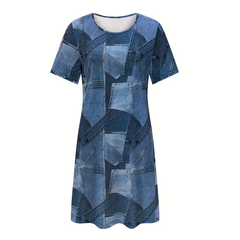 Women's Plus Size Denim Short Sleeve Dress - Digital Print Casual Spring & Summer Dress