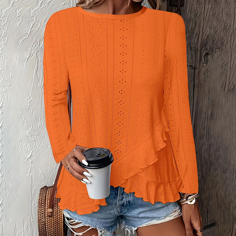 Women Eyelet Long Sleeve Tops Shirts Dressy Casual Crew Neck Ruffle Hem Blouses