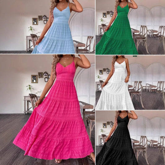 V-neck Strap Back Strap Solid Color Dress