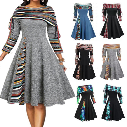 Autumn And Winter New Fashion Women's Waist Large Swing One Shoulder Long-sleeved Dress Female